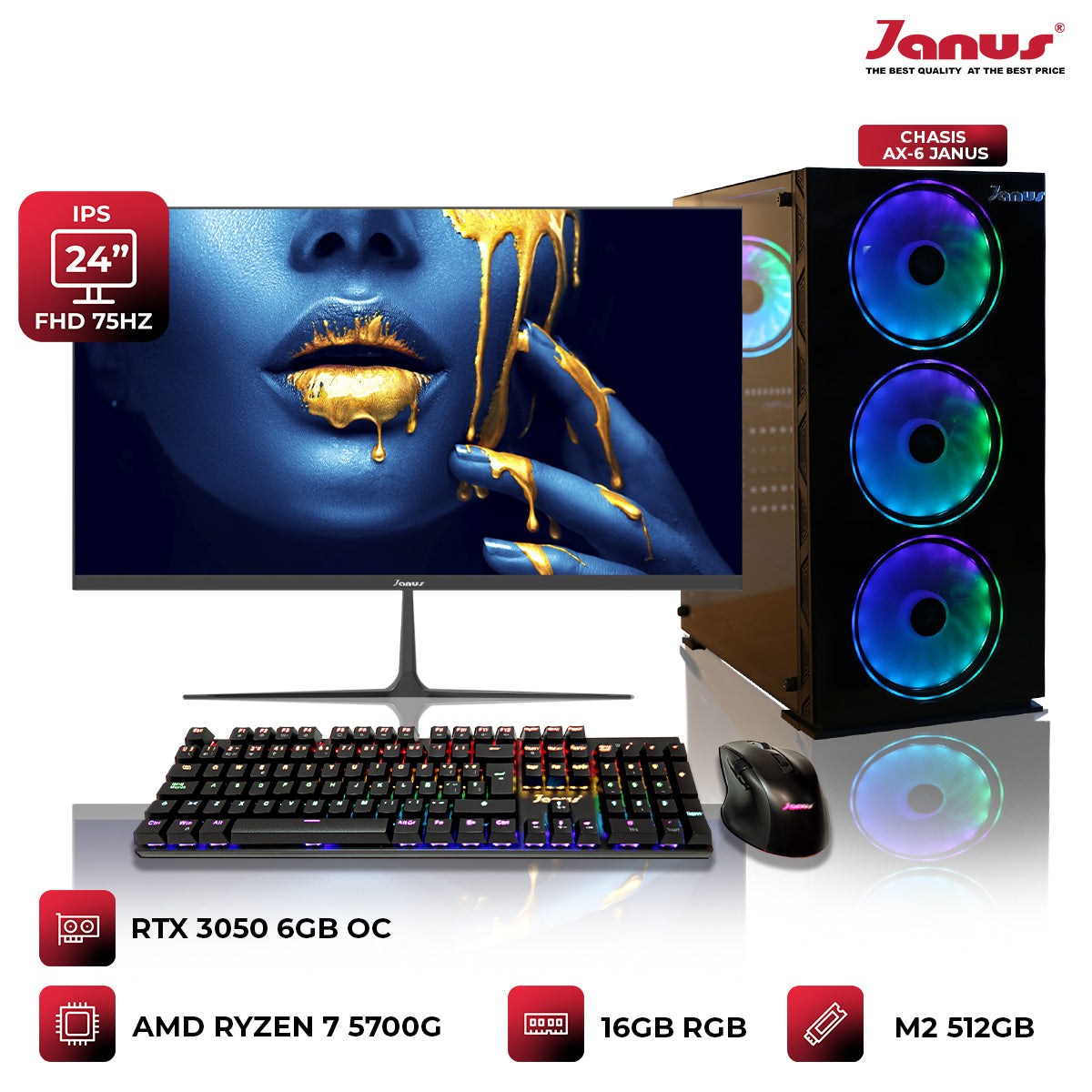 COMPUTADOR GAMER JANUS AMD RYZEN 7 5700G MEMORIA RAM 16GB RGB SSD 512GB M.2  RTX 3050 BOARD A520M    FUENTE JANUS 550W