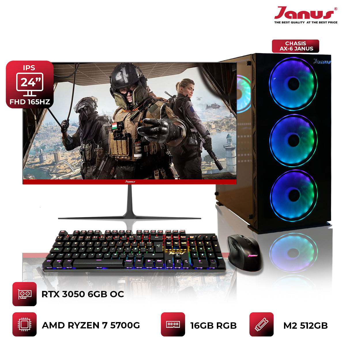COMPUTADOR GAMER JANUS AMD RYZEN 7 5700G MEMORIA RAM 16GB RGB SSD 512GB M.2  RTX 3050 BOARD A520M    FUENTE JANUS 550W